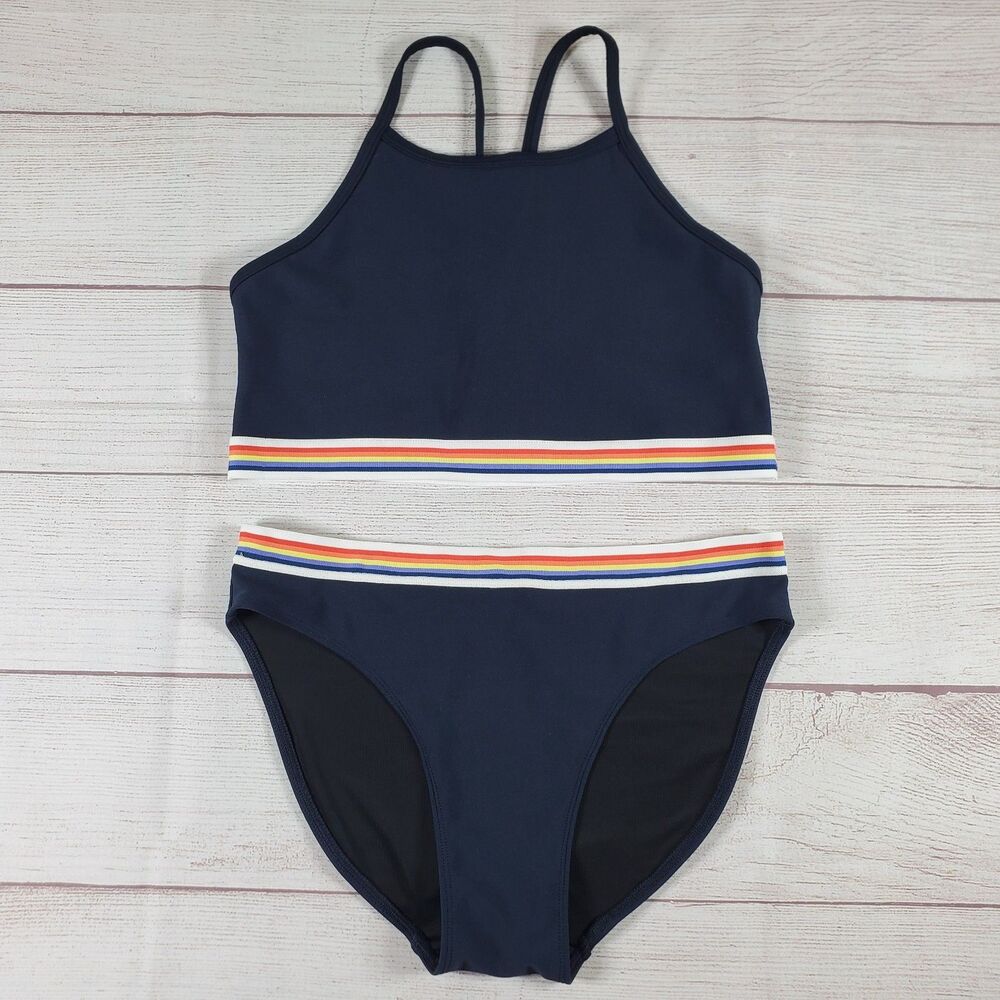 Zella 2-piece swimsuit Girls Size 14 Blue Stripes Bikini Swim Suit NWOT